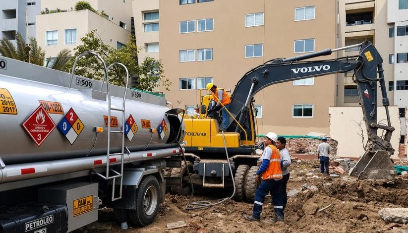 Camión cisterna abasteciendo una excavadora